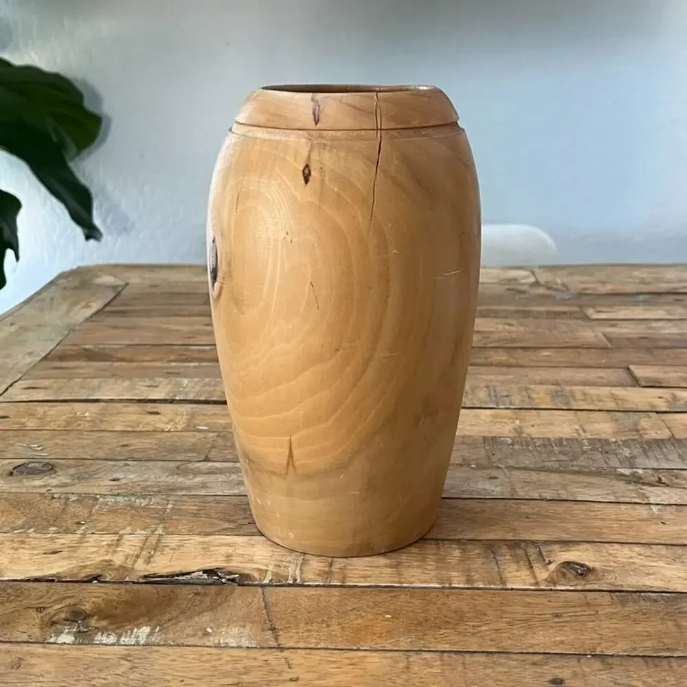 Hand Turned Wooden Table Vase 9” Tall Artist Made Light Brown